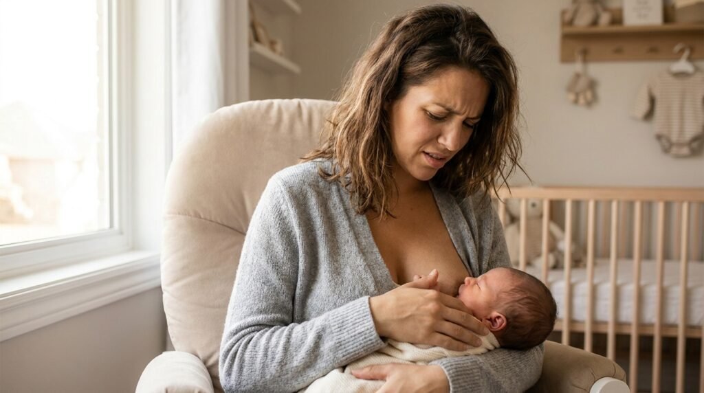 Mãe com expressão de dor durante amamentação de bebê com língua presa (anquiloglossia) — Flori Odontologia Perdizes SP