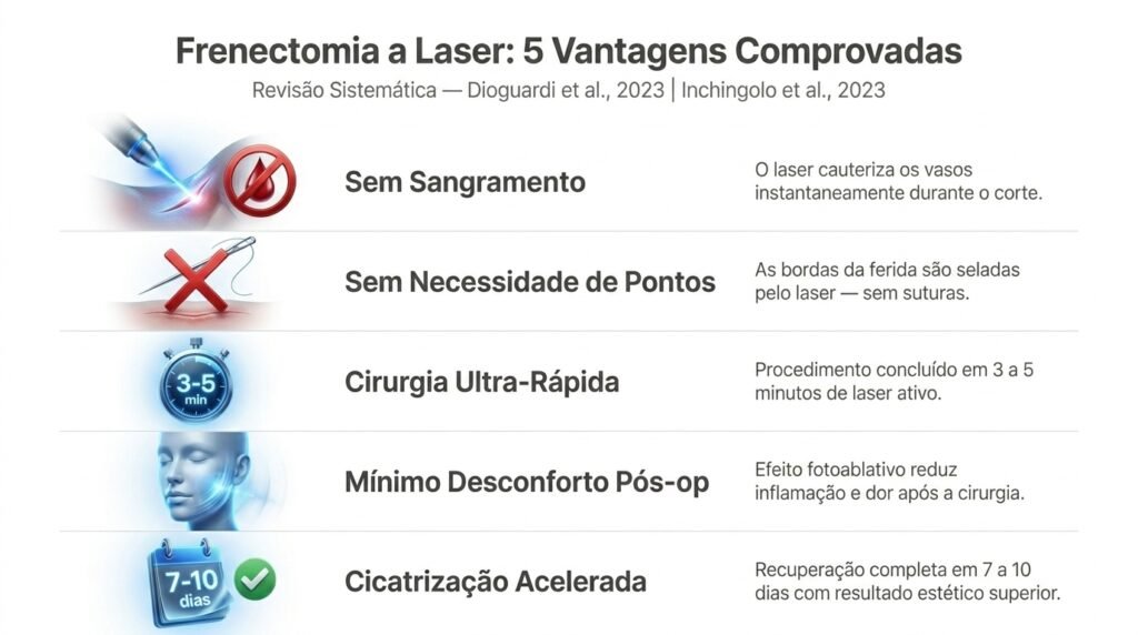 Infográfico com as 5 vantagens da frenectomia labial a laser: sem sangramento, sem pontos, cirurgia rápida, mínimo desconforto e cicatrização acelerada