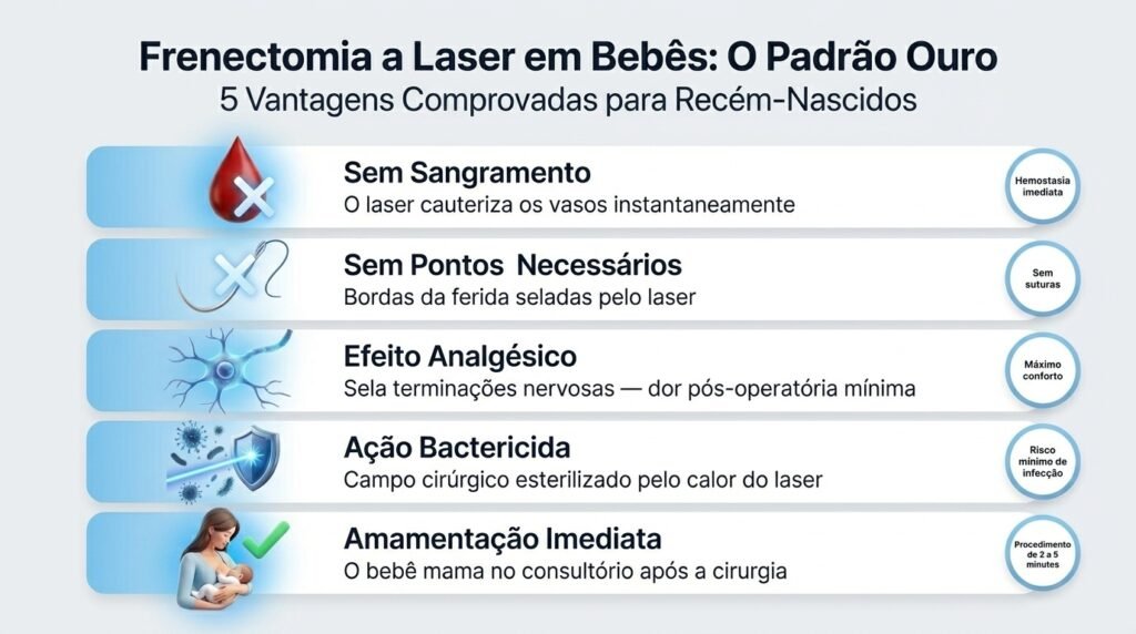 Infográfico com 5 vantagens da frenectomia lingual a laser em bebês com anquiloglossia: sem sangramento, sem pontos, efeito analgésico, ação bactericida e amamentação imediata