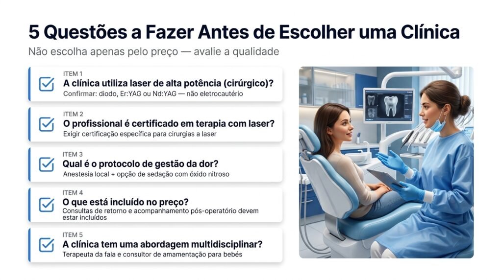 Checklist com 5 perguntas essenciais para fazer antes de escolher uma clínica para frenectomia a laser