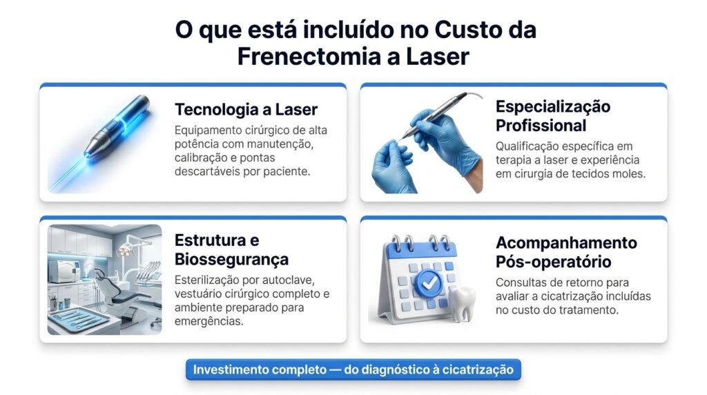 Infográfico mostrando os 4 componentes que compõem o valor da frenectomia a laser: equipamento, especialização, estrutura e acompanhamento