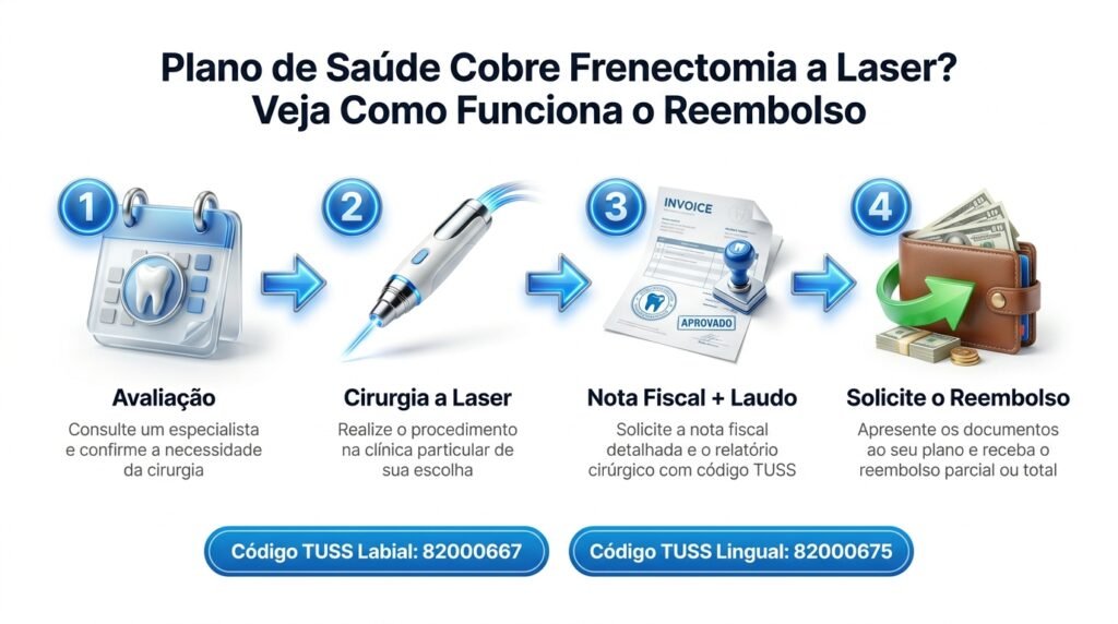 Infográfico explicando como funciona o reembolso do plano de saúde para frenectomia a laser com fluxograma passo a passo