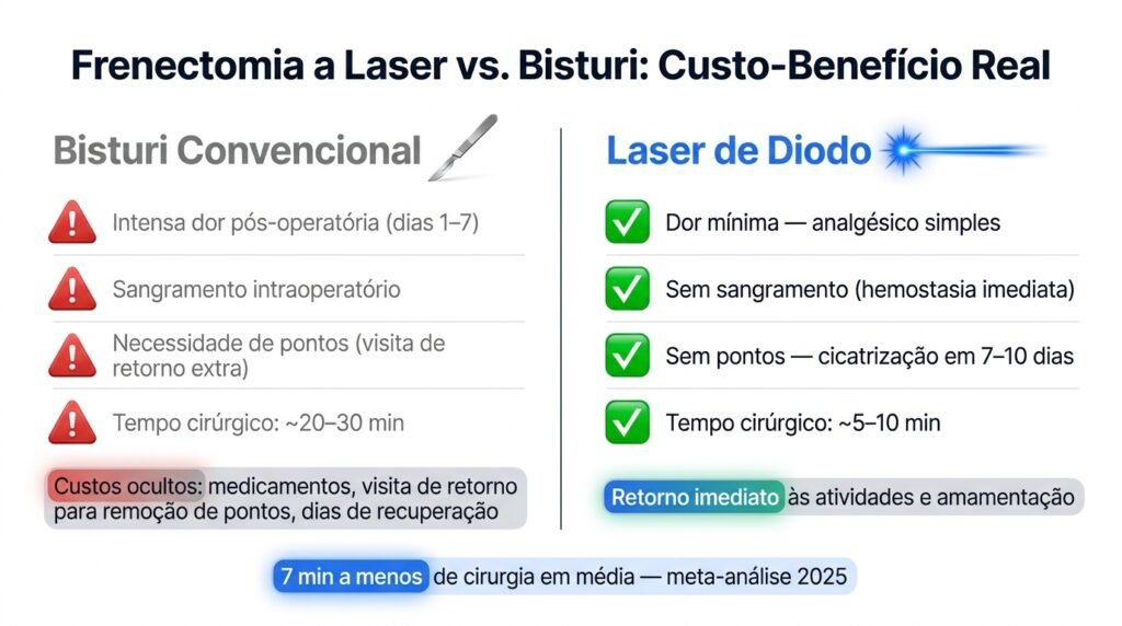 Infográfico comparando custo-benefício da frenectomia a laser versus bisturi convencional com dados científicos