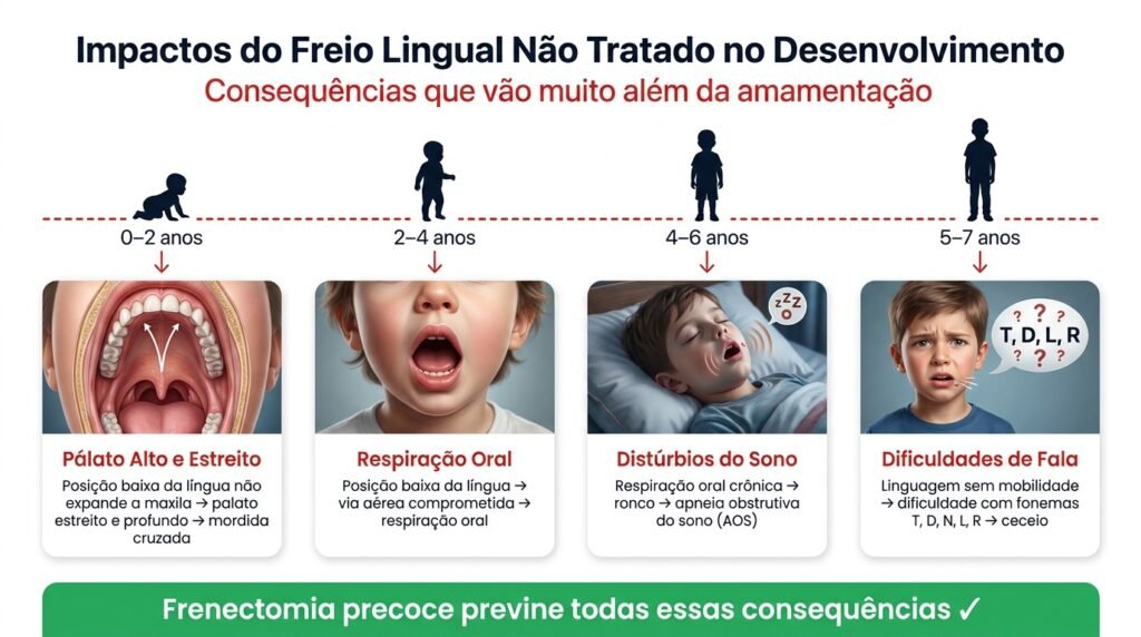 Infográfico mostrando o impacto a longo prazo da anquiloglossia não tratada: problemas ortodônticos, respiração oral, distúrbios do sono, dificuldades na fala e mastigação