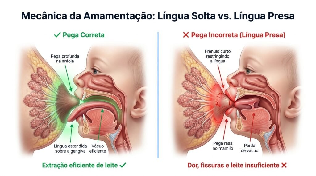 Infográfico comparando a mecânica da amamentação com língua solta versus língua presa (anquiloglossia): pega correta e pega incorreta