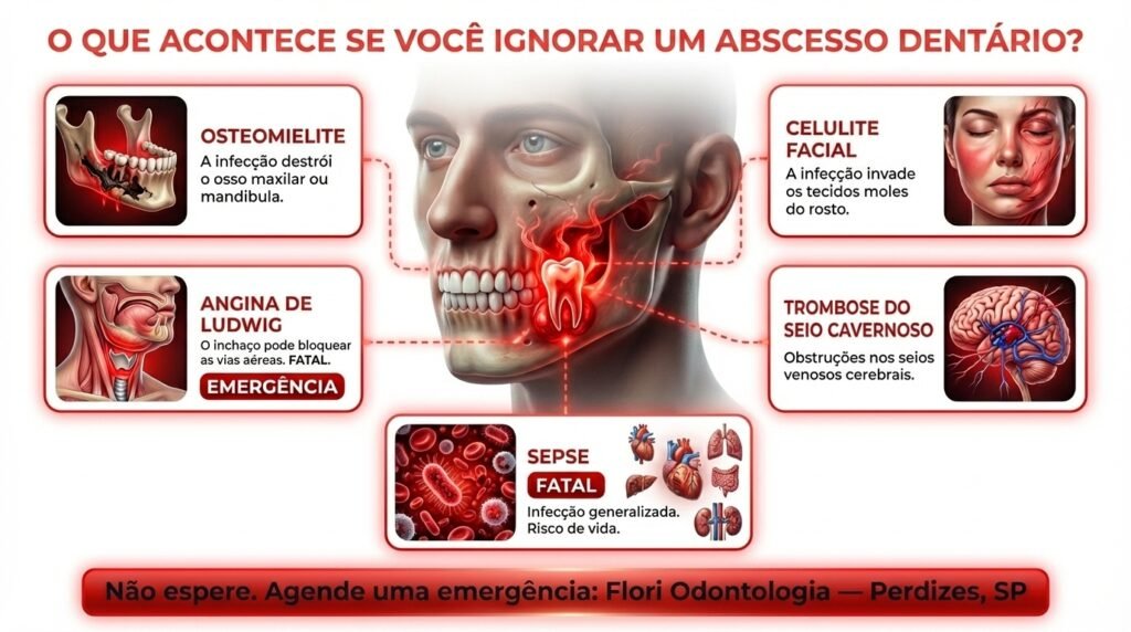 Infográfico mostrando as 5 complicações graves de um abscesso dentário não tratado: osteomielite, celulite facial, angina de Ludwig, trombose do seio cavernoso e sepse