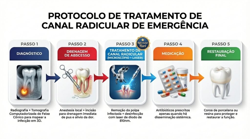 Infográfico com o passo a passo do protocolo de tratamento endodôntico de urgência para abscesso dentário na Flori Odontologia em Perdizes SP