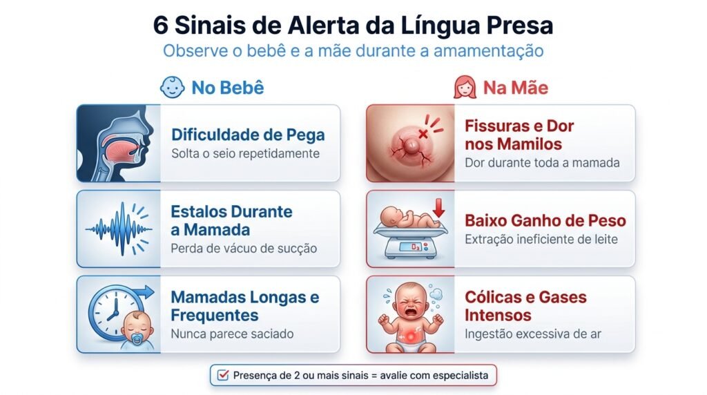 Infográfico com 6 sinais de alerta de língua presa (anquiloglossia) em bebês: dificuldade de pega, estalos, mamadas longas, baixo ganho de peso, dor nos mamilos e cólicas