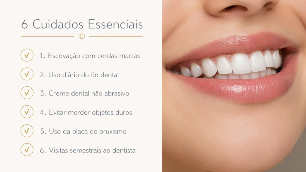 Checklist visual com 6 cuidados essenciais para prolongar a vida útil das lentes de contato dental, incluindo escovação macia, fio dental e placa de bruxismo.