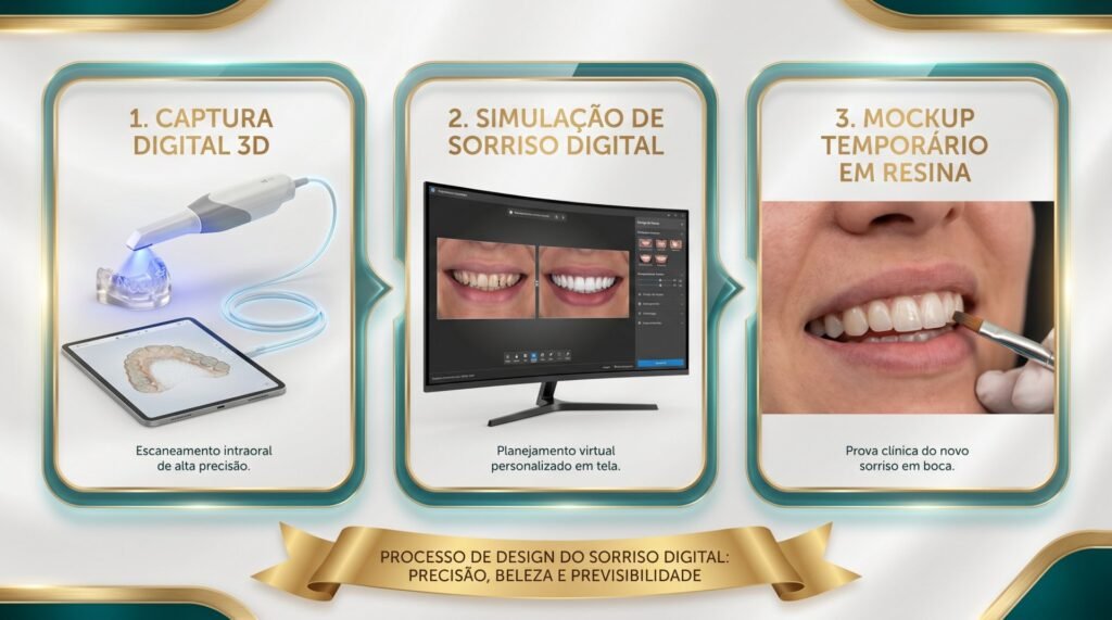 Infográfico demonstrando as etapas do planejamento digital do sorriso e a aplicação do mockup em resina temporária.