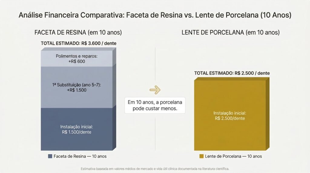 Gráfico comparativo do custo estimado em 10 anos entre a faceta de resina (R$3.600 por dente, incluindo substituição) e a lente de contato dental em porcelana (R$2.500 por dente, sem necessidade de troca), demonstrando que a porcelana pode ser mais econômica a longo prazo.