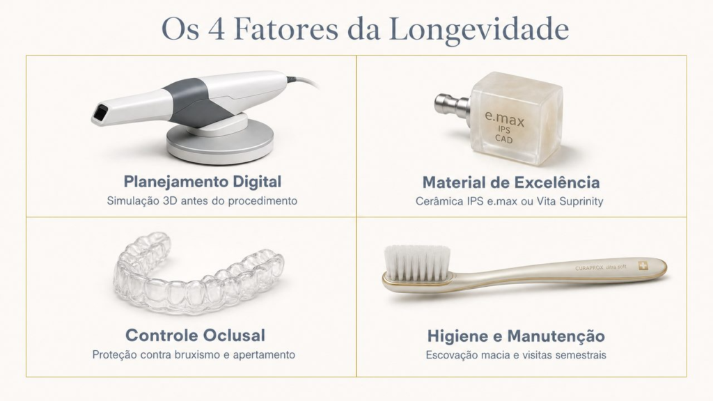 Infográfico ilustrando os 4 fatores que determinam a durabilidade da lente de contato dental: planejamento digital, material de excelência, controle oclusal e higiene.