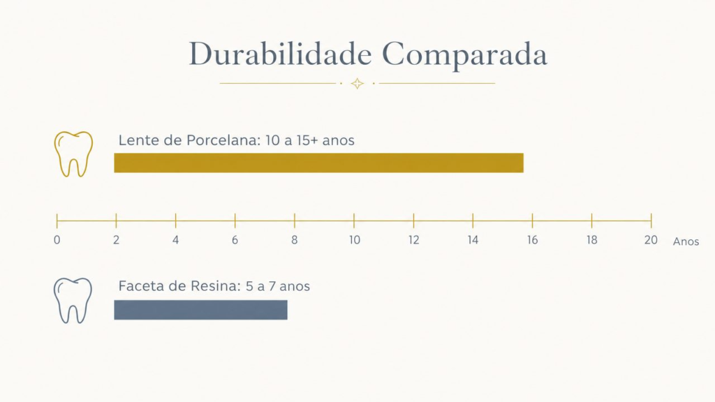 Infográfico de linha do tempo comparando a durabilidade da lente de contato em porcelana (10 a 15 anos) com a faceta de resina (5 a 7 anos).