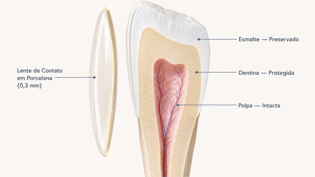 Infográfico hiper-realista mostrando a anatomia do dente com a lente de contato dental aderida apenas à camada de esmalte, preservando a dentina e a polpa.