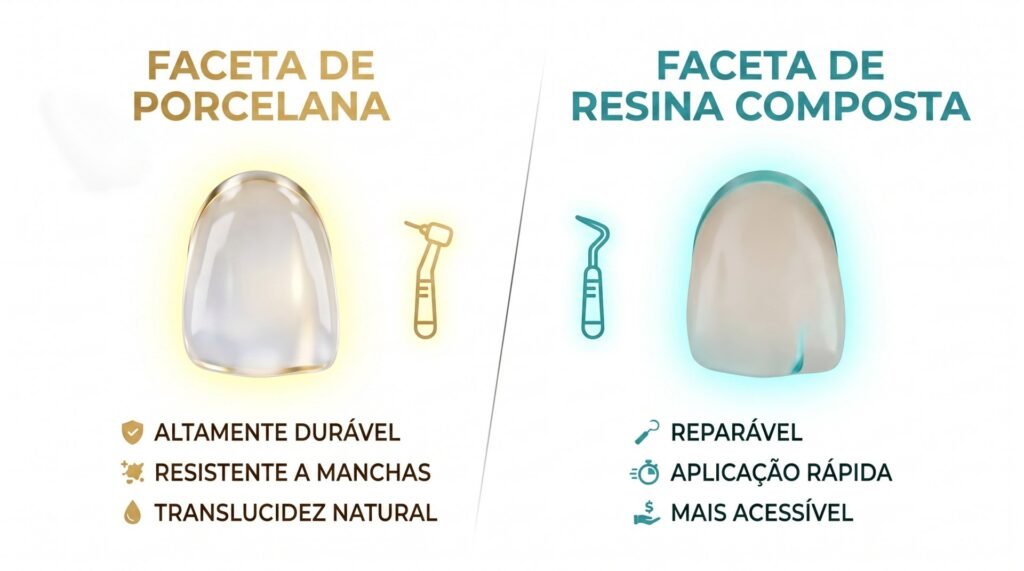 Infográfico comparativo entre lente de contato dental em porcelana e faceta de resina composta, destacando durabilidade e resistência.