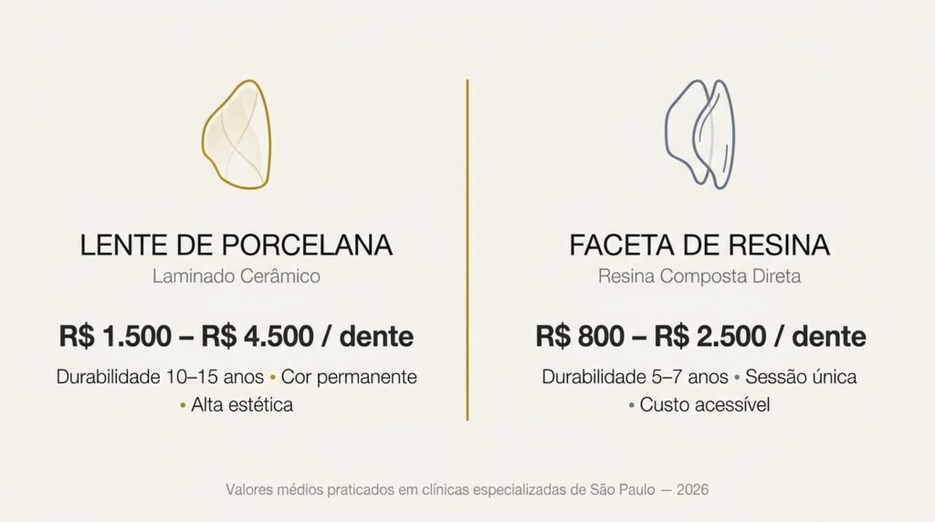 Infográfico comparando o preço da lente de contato dental em porcelana (R$1.500 a R$4.500 por dente) e da faceta de resina composta (R$800 a R$2.500 por dente) em São Paulo em 2026.