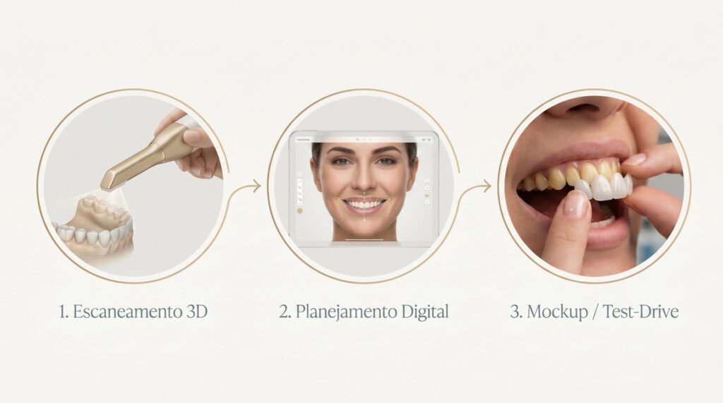 Infográfico ilustrando as três etapas do planejamento digital do sorriso: escaneamento 3D, planejamento no computador e teste do mockup em resina na boca do paciente.