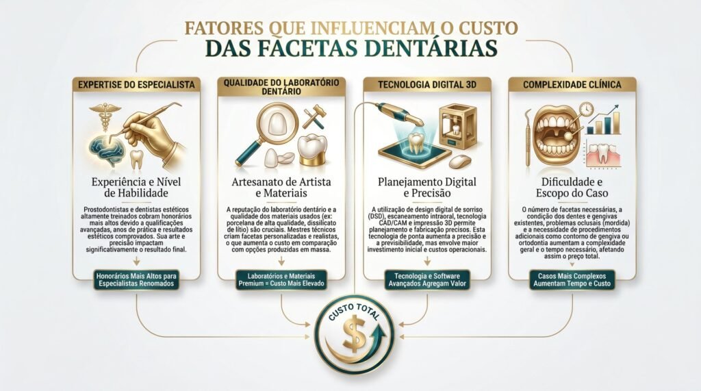 Infográfico destacando os 4 fatores que influenciam o valor da lente de contato dental: qualificação do especialista, qualidade do laboratório, tecnologia 3D e complexidade do caso.