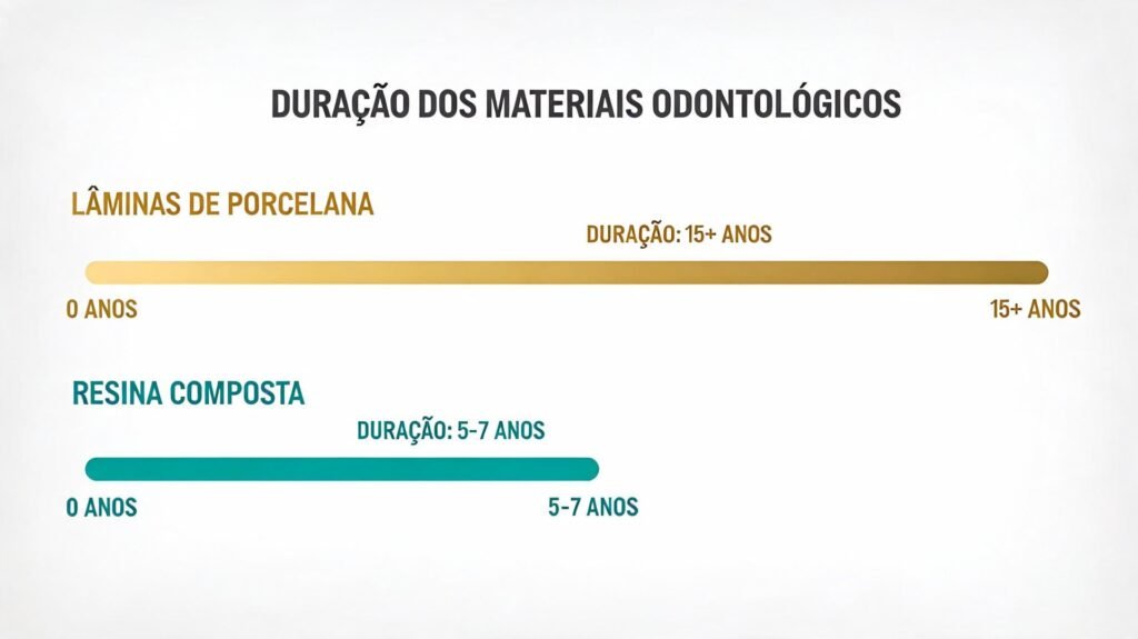Linha do tempo ilustrando a durabilidade das lentes de porcelana (10 a 15 anos) comparada às facetas de resina (5 a 7 anos).