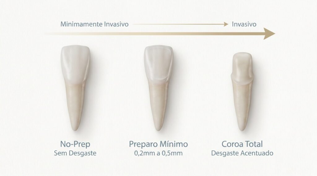 Infográfico comparativo mostrando a diferença de desgaste dental entre a técnica no-prep (sem desgaste), preparo mínimo para lente de contato e preparo acentuado para coroa total.