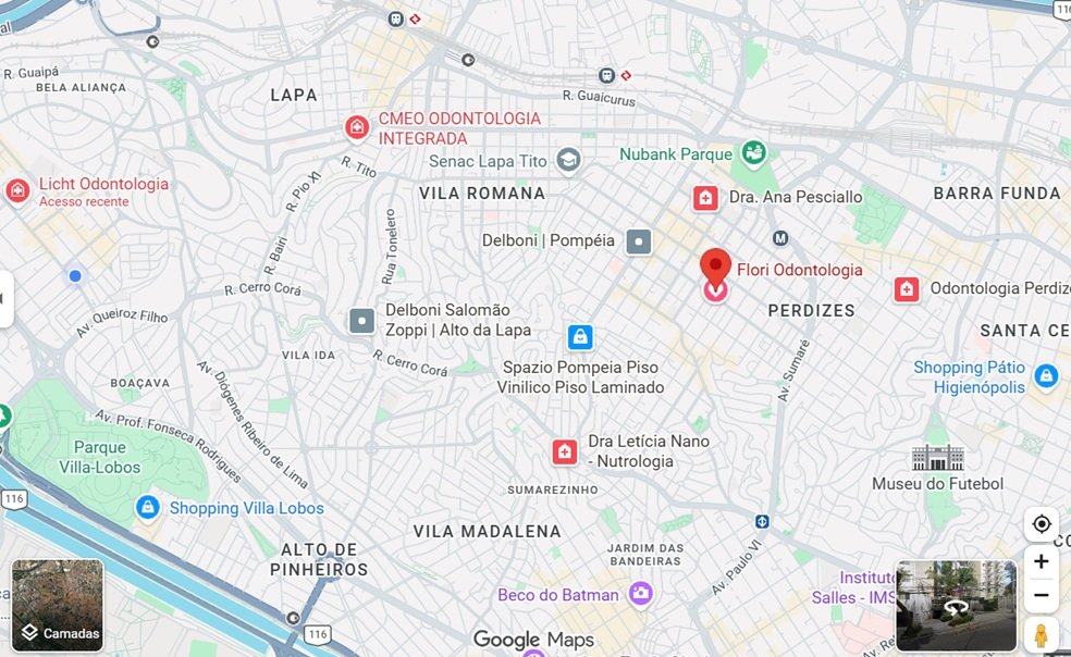 Mapa de localização da Flori Odontologia — Rua Cayowaá, 759, Perdizes, São Paulo