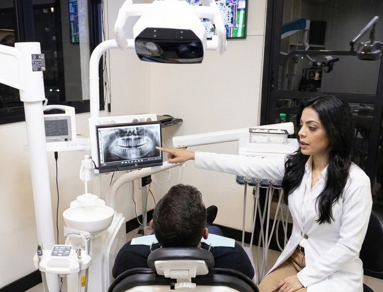 Paciente sorrindo na cadeira odontológica após receber implante com carga imediata no mesmo dia
