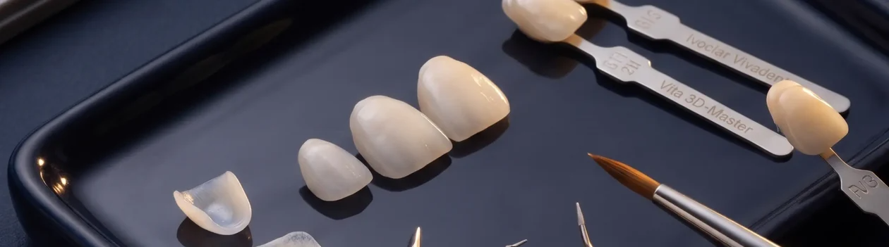 Restaurações em dissilicato de lítio demonstradas em modelo odontológico