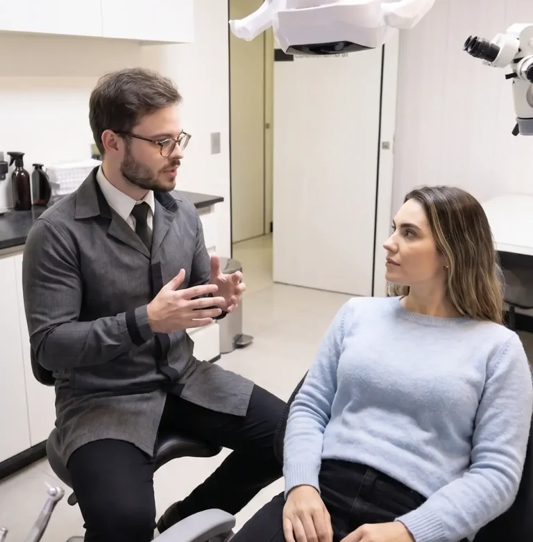 Dentista mostrando planejamento digital do sorriso ao paciente na Flori Odontologia — Perdizes, São Paulo