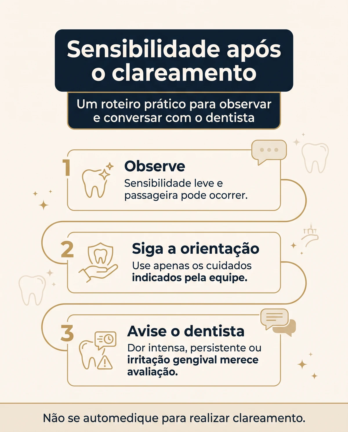 Infográfico com três orientações sobre sensibilidade após clareamento dental: observar, seguir as orientações e avisar o dentista