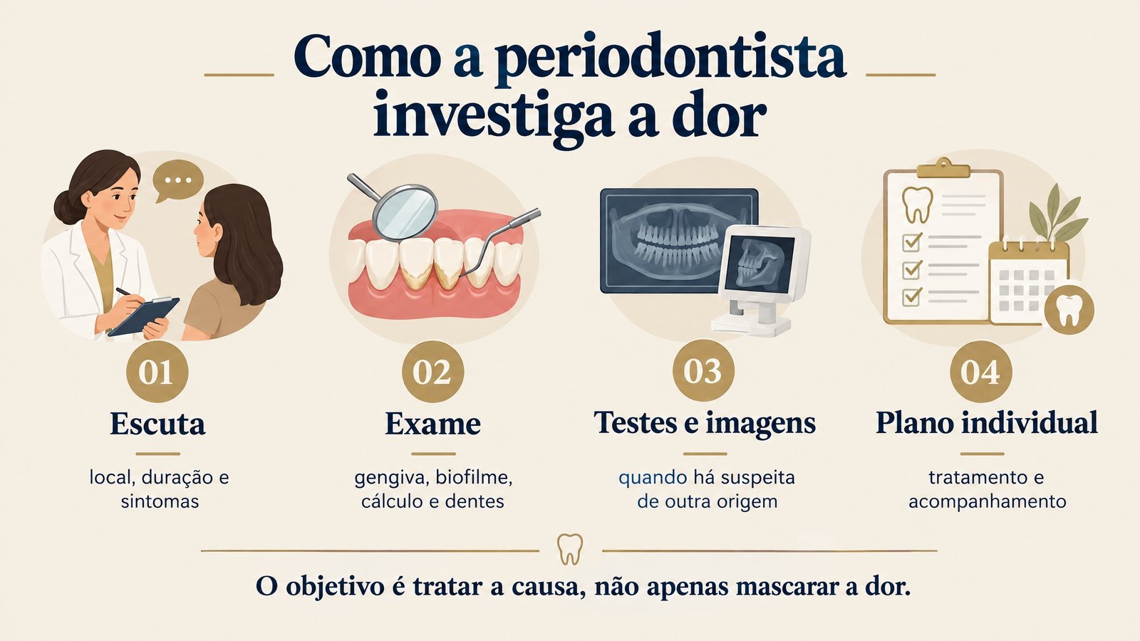 Infográfico com as etapas da investigação da dor na gengiva: escuta, exame, testes e imagens e plano individual