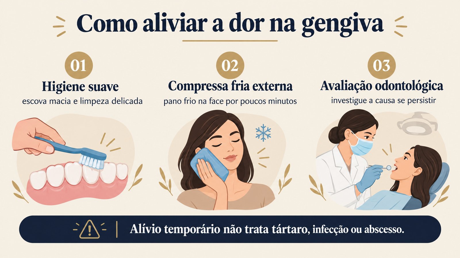 Infográfico com orientações seguras para aliviar temporariamente a dor na gengiva com higiene suave, compressa fria e avaliação