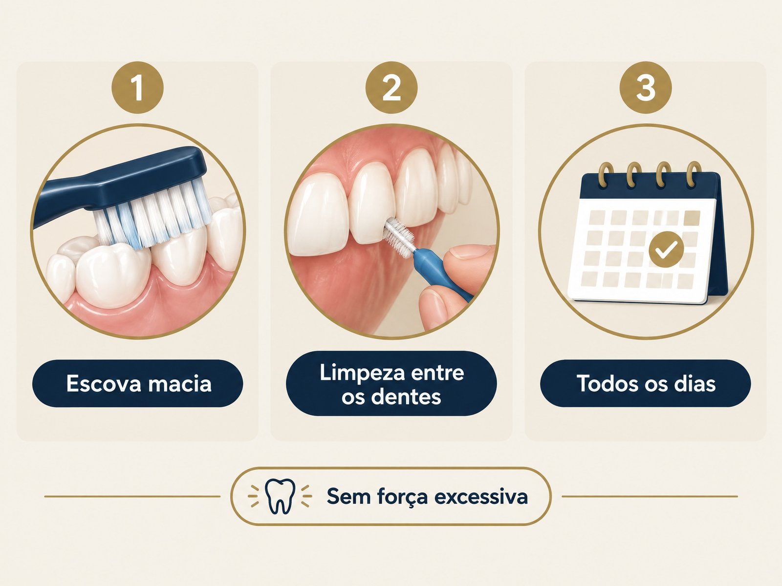 Infográfico ampliado de escova macia, limpeza interdental e rotina diária