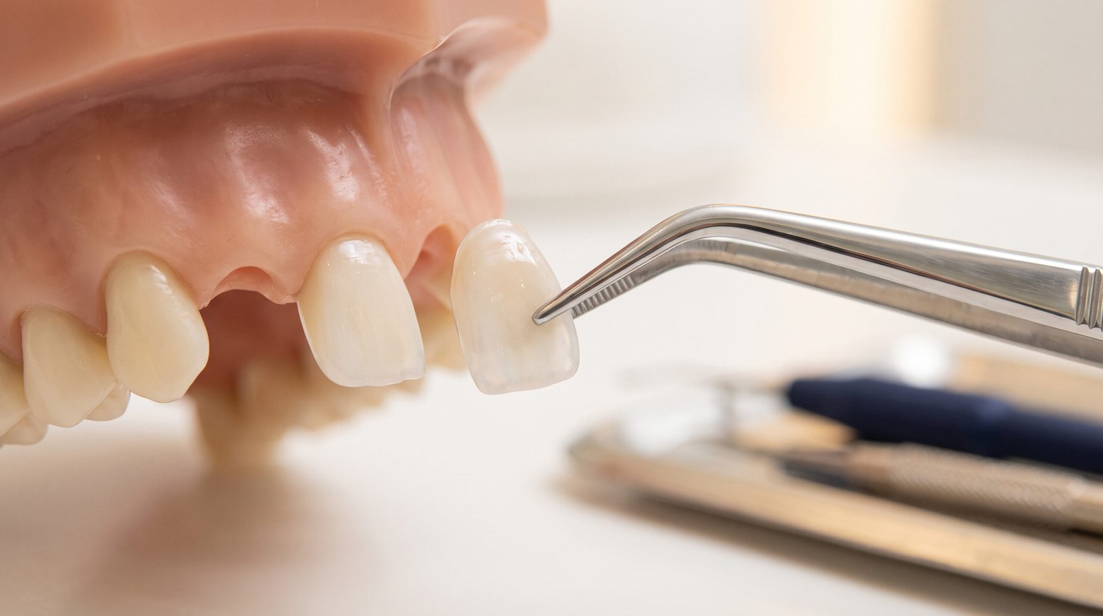 Lente de porcelana representada como lâmina cerâmica sob medida sobre a parte frontal do dente, para correção de cor, forma e pequenos espaços.