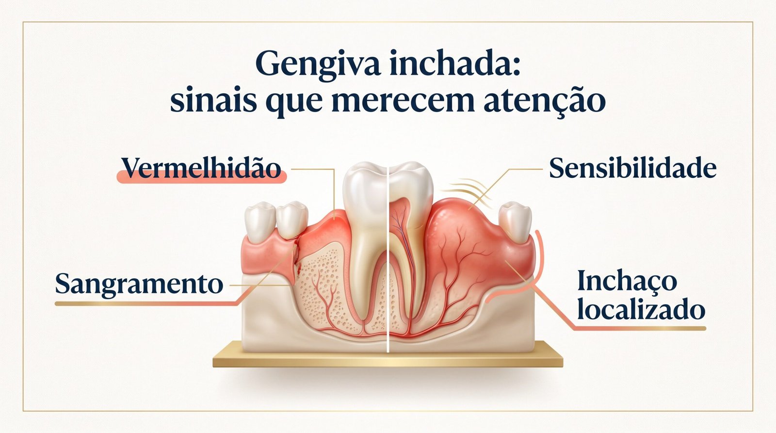 Infográfico com sinais de gengiva inchada, incluindo vermelhidão, sangramento, sensibilidade, mau hálito e pus ou inchaço localizado