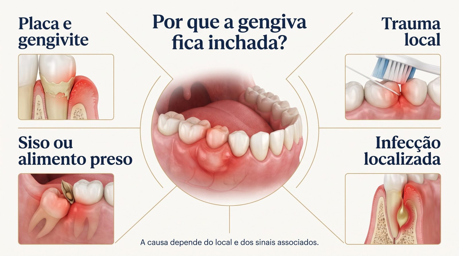 Infográfico sobre causas possíveis da gengiva inchada, como placa e gengivite, trauma local, siso ou alimento preso, infecção, prótese ou aparelho