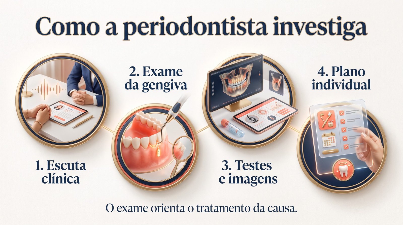 Infográfico com as etapas da investigação periodontal: escuta clínica, exame da gengiva, testes e imagens e plano individual