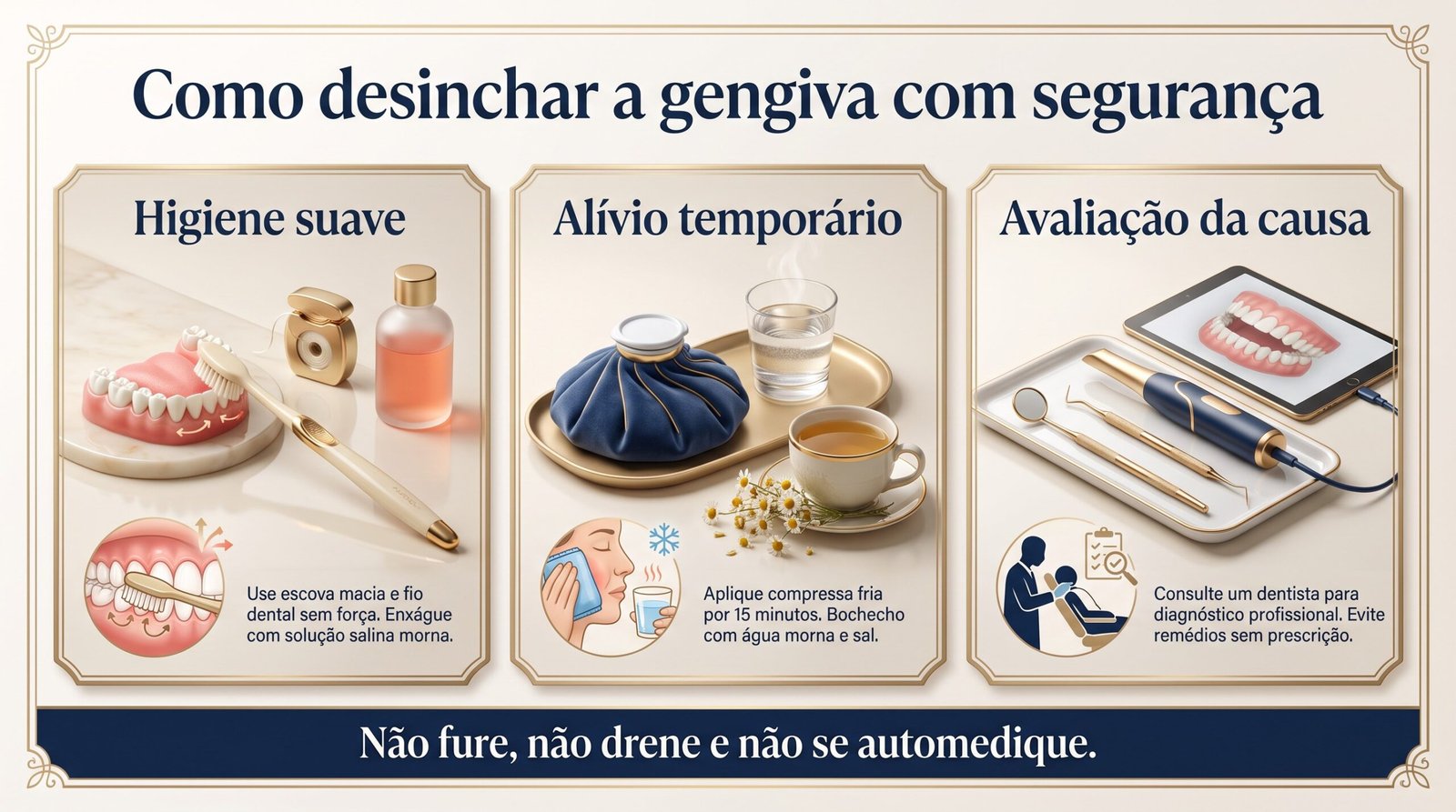 Infográfico sobre como desinchar a gengiva com segurança por meio de higiene suave, alívio temporário e avaliação da causa