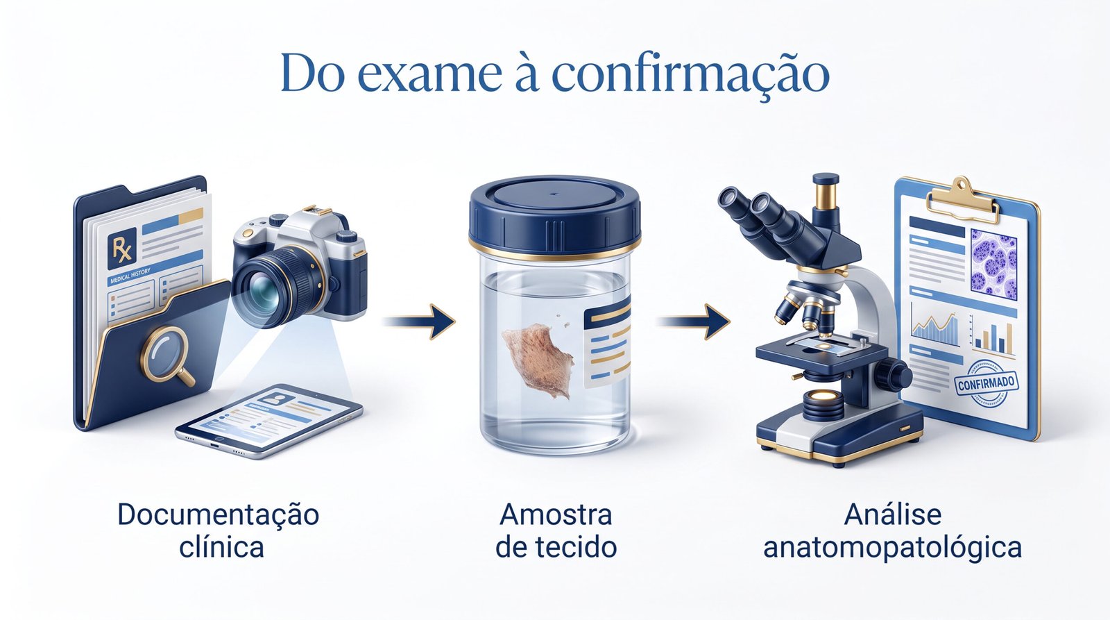 Infográfico hiper-realista sobre documentação clínica, amostra de tecido e análise anatomopatológica