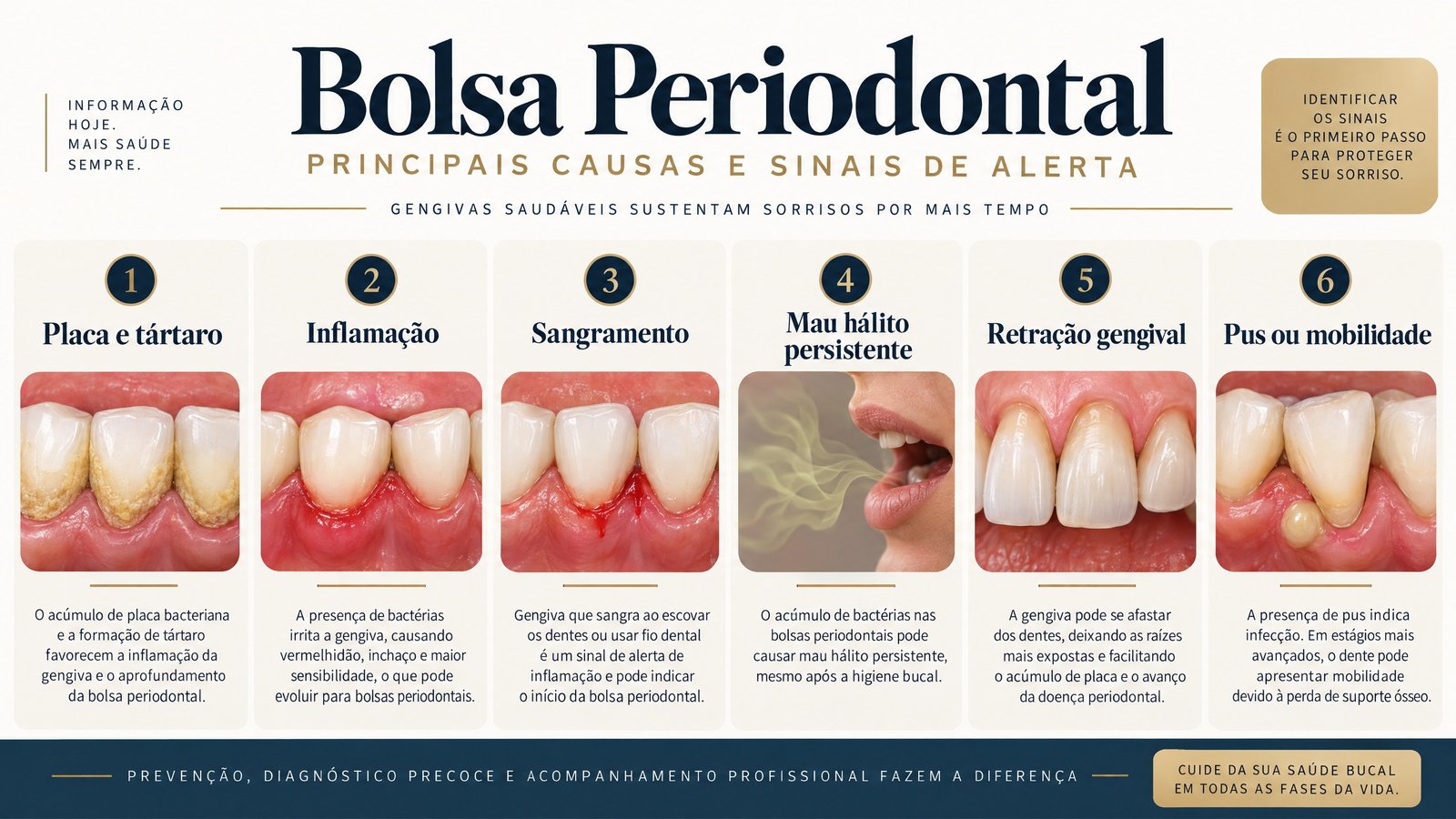 Infográfico com causas e sinais de bolsa periodontal, como placa, inflamação, sangramento, mau hálito, retração e pus