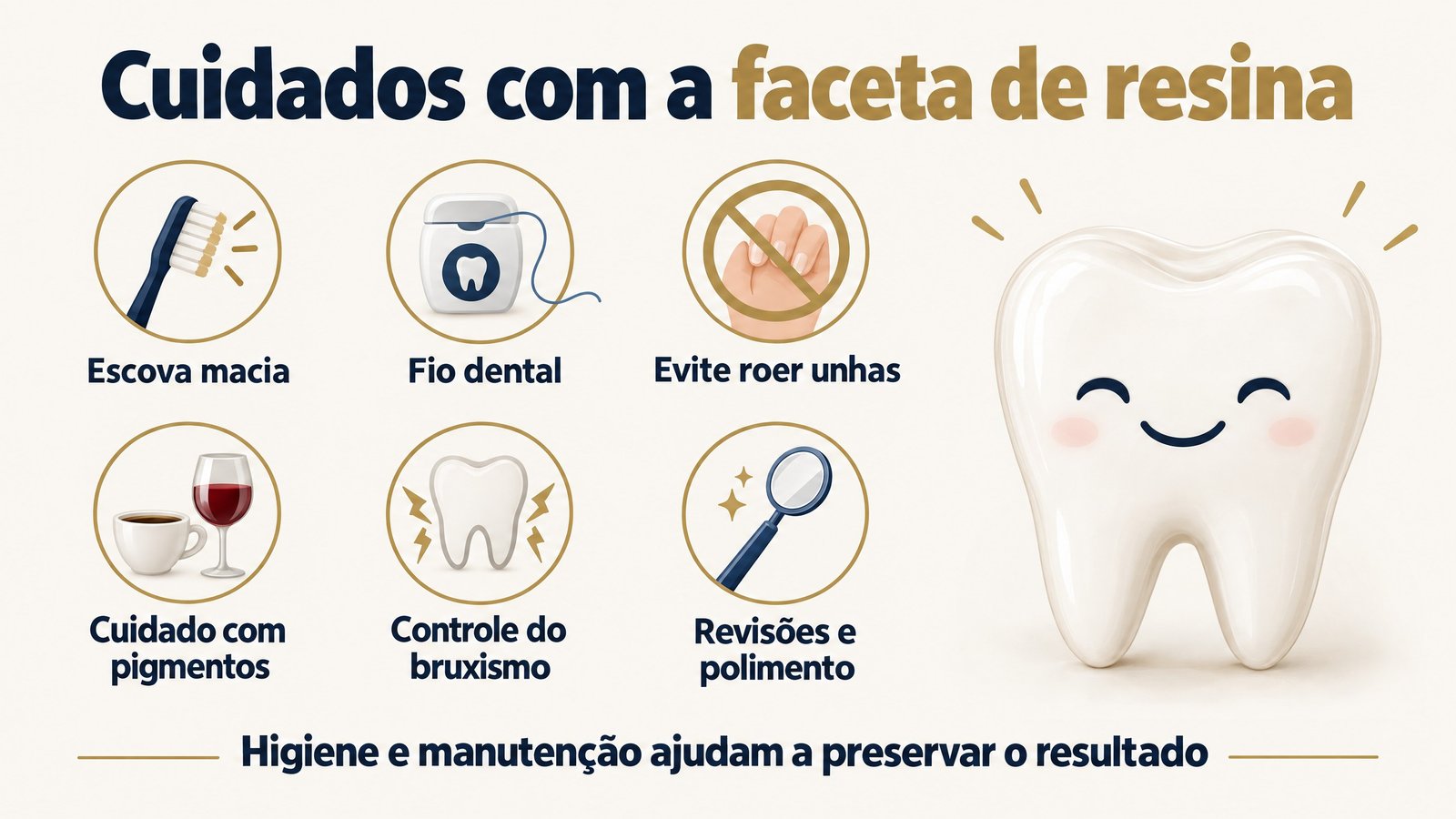 Infográfico reúne cuidados para preservar a faceta de resina, incluindo higiene, hábitos e revisões.