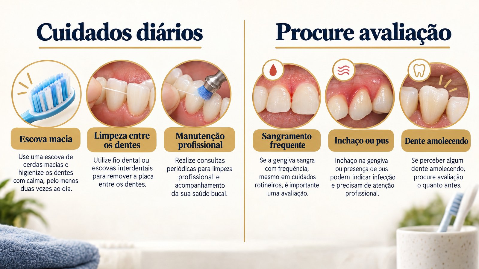 Infográfico sobre cuidados diários e sinais para procurar avaliação periodontal