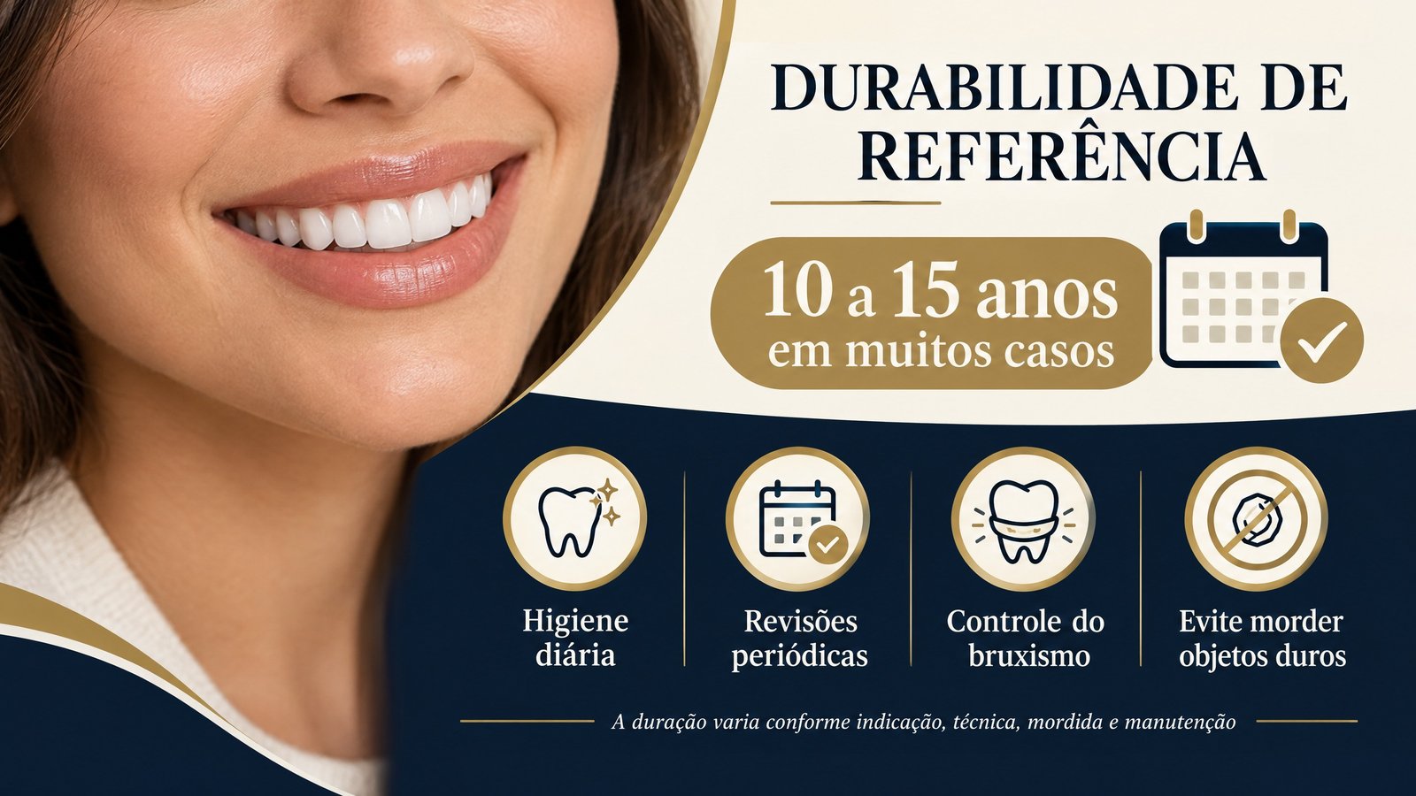 Infográfico sobre durabilidade de referência das lentes de porcelana e cuidados com higiene diária, revisões, controle do bruxismo e hábitos seguros.