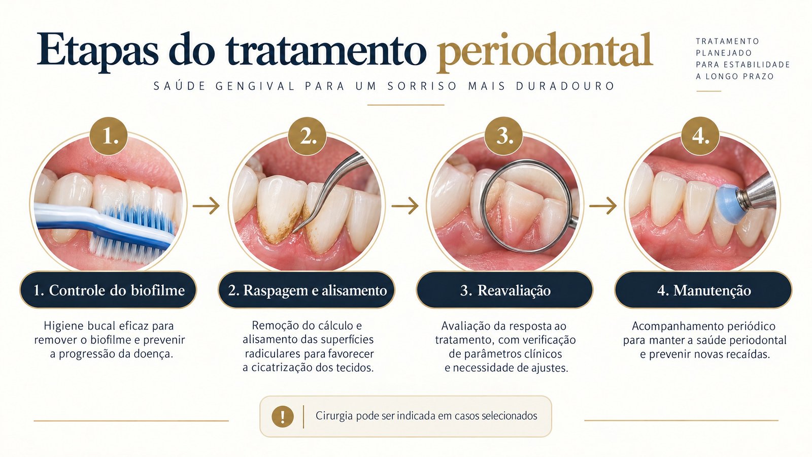 Infográfico com quatro etapas do tratamento periodontal: controle do biofilme, raspagem e alisamento, reavaliação e manutenção