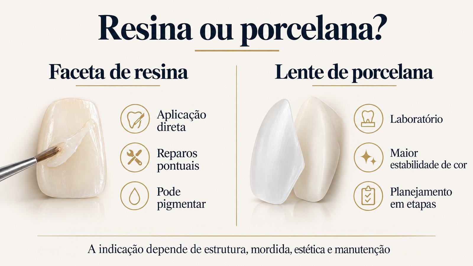 Infográfico compara faceta de resina e lente de porcelana em aplicação, reparos, cor e planejamento.