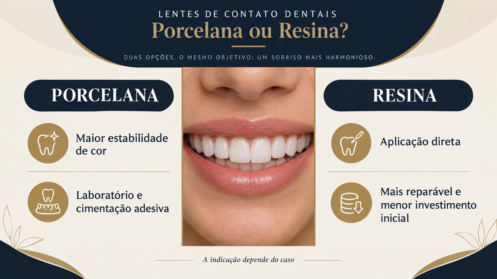 Comparação visual entre porcelana e resina, destacando estabilidade de cor, aplicação direta, laboratório e possibilidade de reparo.