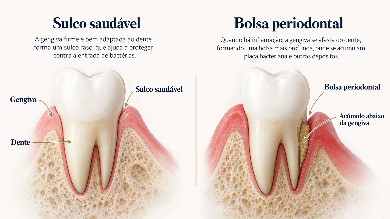 Infográfico comparando sulco saudável e bolsa periodontal em um corte do dente e da gengiva